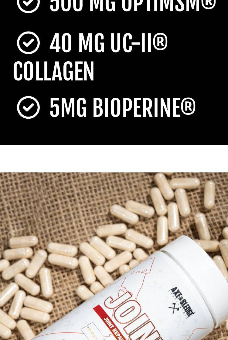 Axe & Sledge Joint+ capsules scattered around the bottle with key ingredients highlighted: Glucosamine, OptiMSM®, UC-II® Collagen, and BioPerine®.