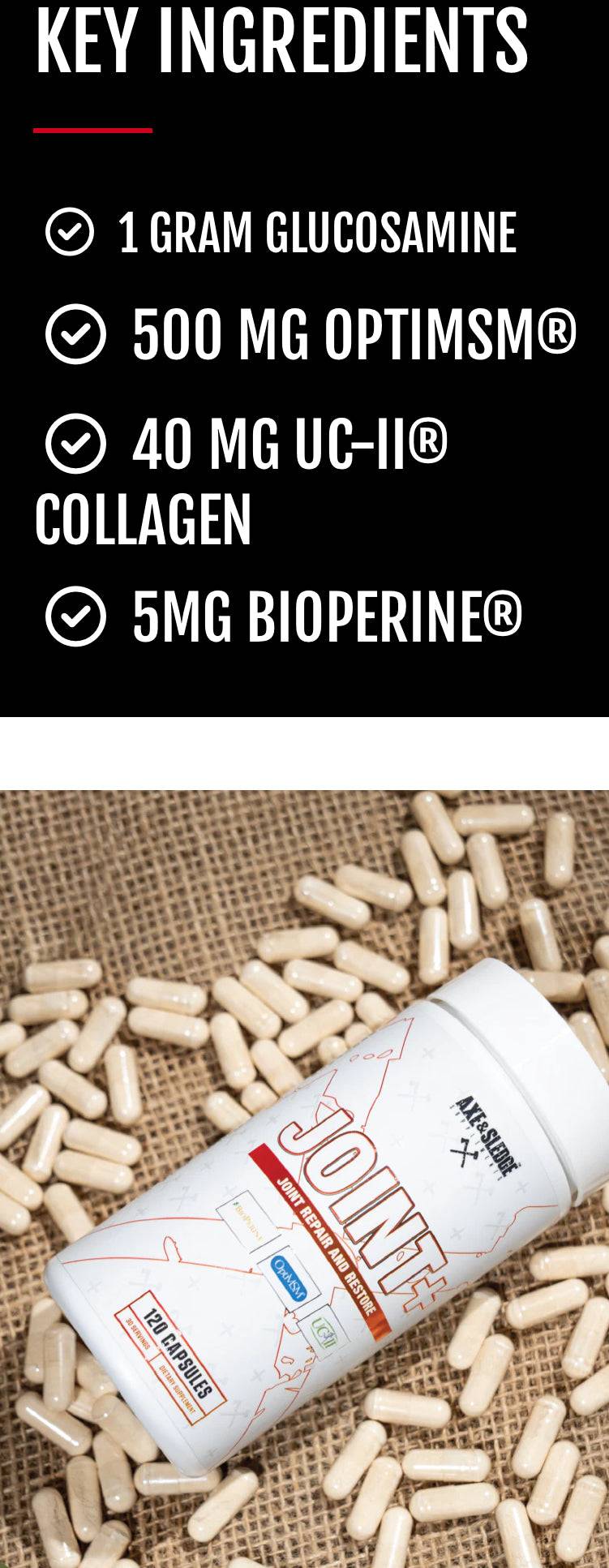 Axe & Sledge Joint+ capsules scattered around the bottle with key ingredients highlighted: Glucosamine, OptiMSM®, UC-II® Collagen, and BioPerine®.