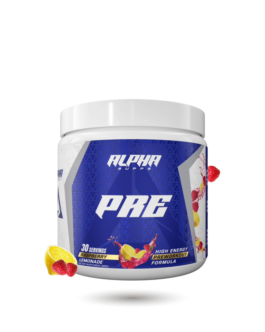 Alpha Supps Pre-Workout Raspberry Lemonade flavor, 30 servings offering clean energy and mental clarity for fitness enthusiasts.