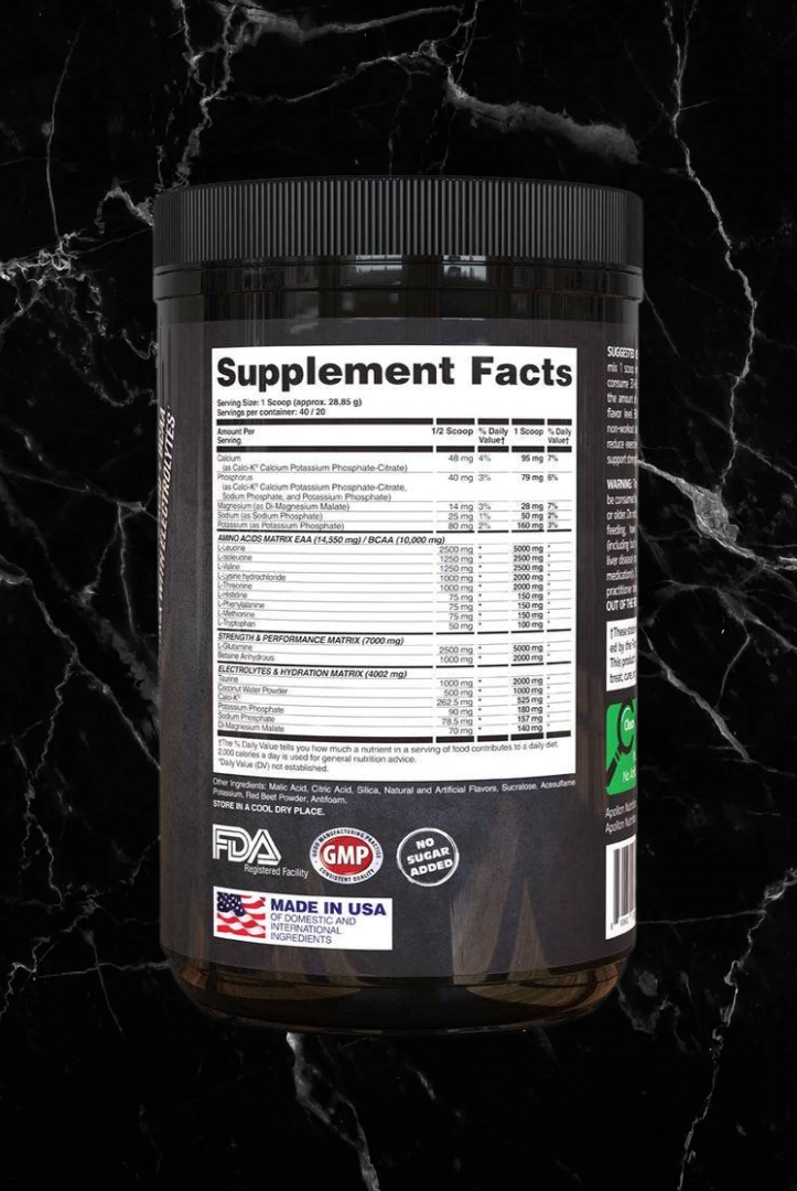 Supplement Facts label of Enigma EAA BCAA Recovery Drink with Electrolytes, showing detailed nutritional content for fitness and muscle recovery support.
