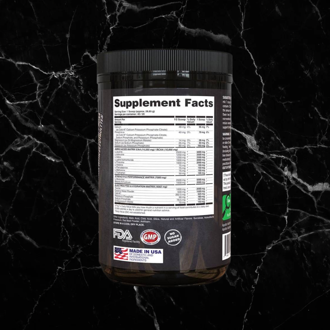 Supplement Facts label of Enigma EAA BCAA Recovery Drink with Electrolytes, showing detailed nutritional content for fitness and muscle recovery support.