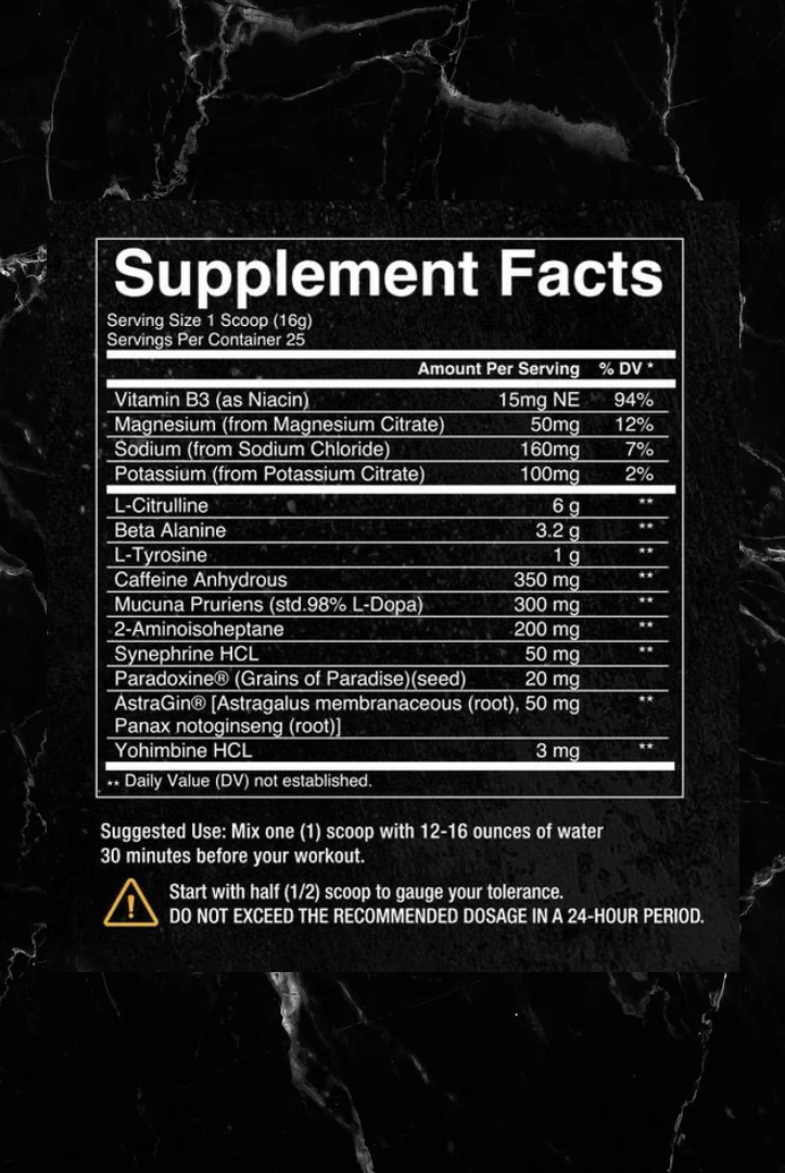 Supplement Facts label for CONDEMNED Convict High Stim Pre Workout, detailing ingredients like L-Citrulline, Beta-Alanine, and Yohimbine HCL.
