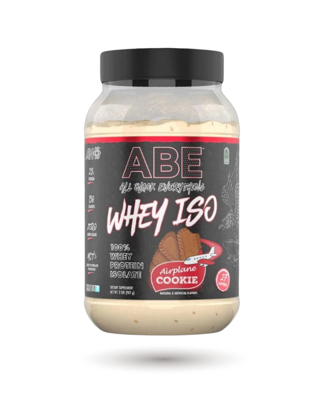 ABE Whey ISO Airplane Cookie flavor protein powder, 25g protein, zero sugar, perfect for low-carb diets and post-workout nutrition.