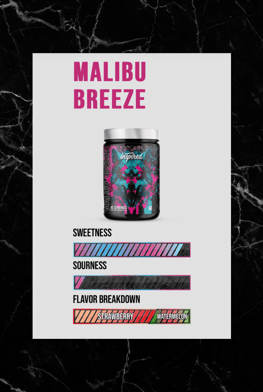 Flavor profile chart for MALIBU BREEZE INSPIRED DVST8 Dark Pre Workout, highlighting strawberry and watermelon taste with moderate sweetness.