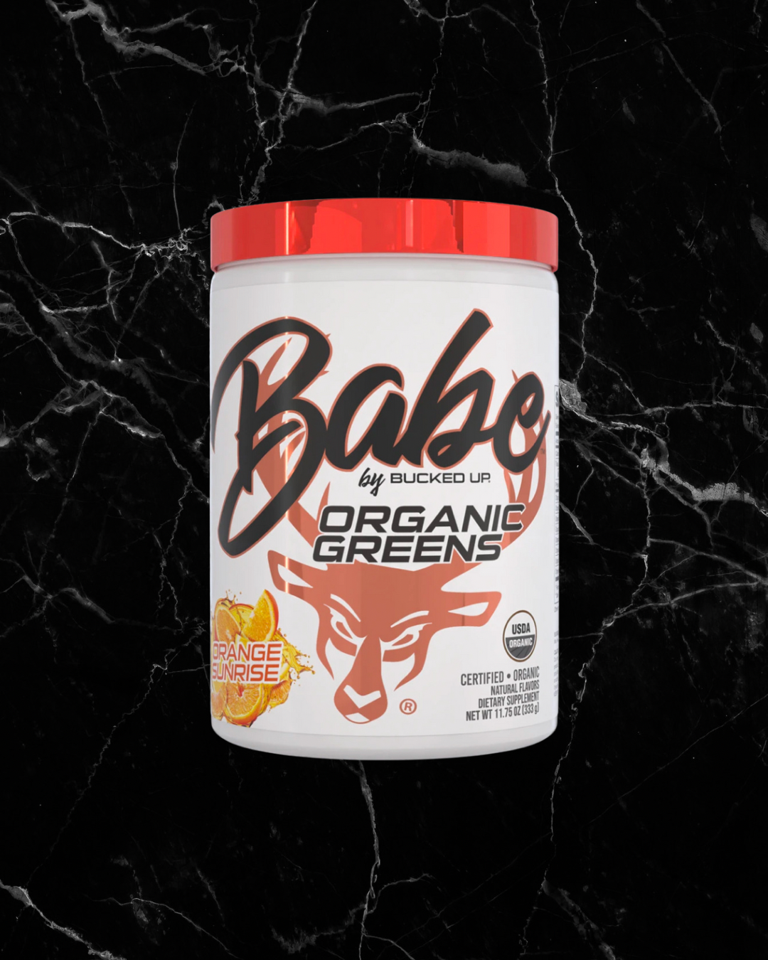 Front view of Babe Organic Greens Powder - Orange Sunrise AT BulkBully, featuring bold branding and USDA Organic label on a black marble background.