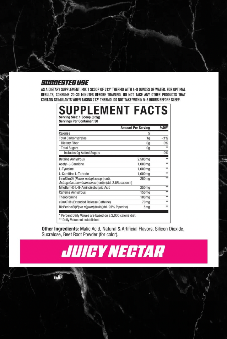 Supplement facts label for AXE & SLEDGE 212º Thermo Juicy Nectar flavor. Details ingredients and dosage for thermogenic fat-loss support.