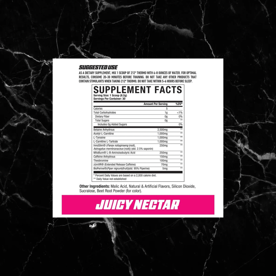 Supplement facts label for AXE & SLEDGE 212º Thermo Juicy Nectar flavor. Details ingredients and dosage for thermogenic fat-loss support.