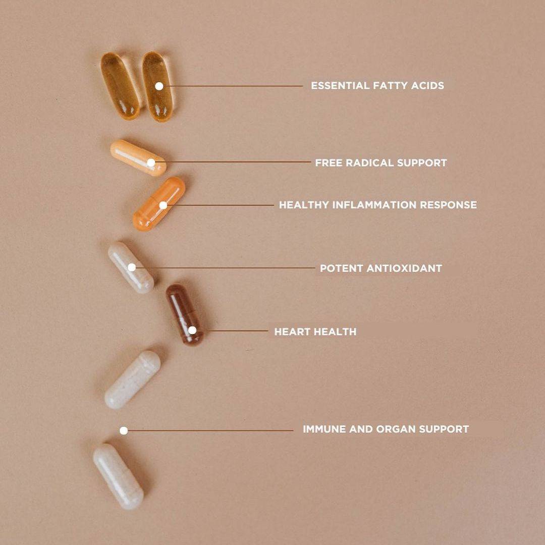 Labeled capsules from the Revive Vitamin Pack showing benefits like heart health, antioxidants, and immune support on a neutral background.