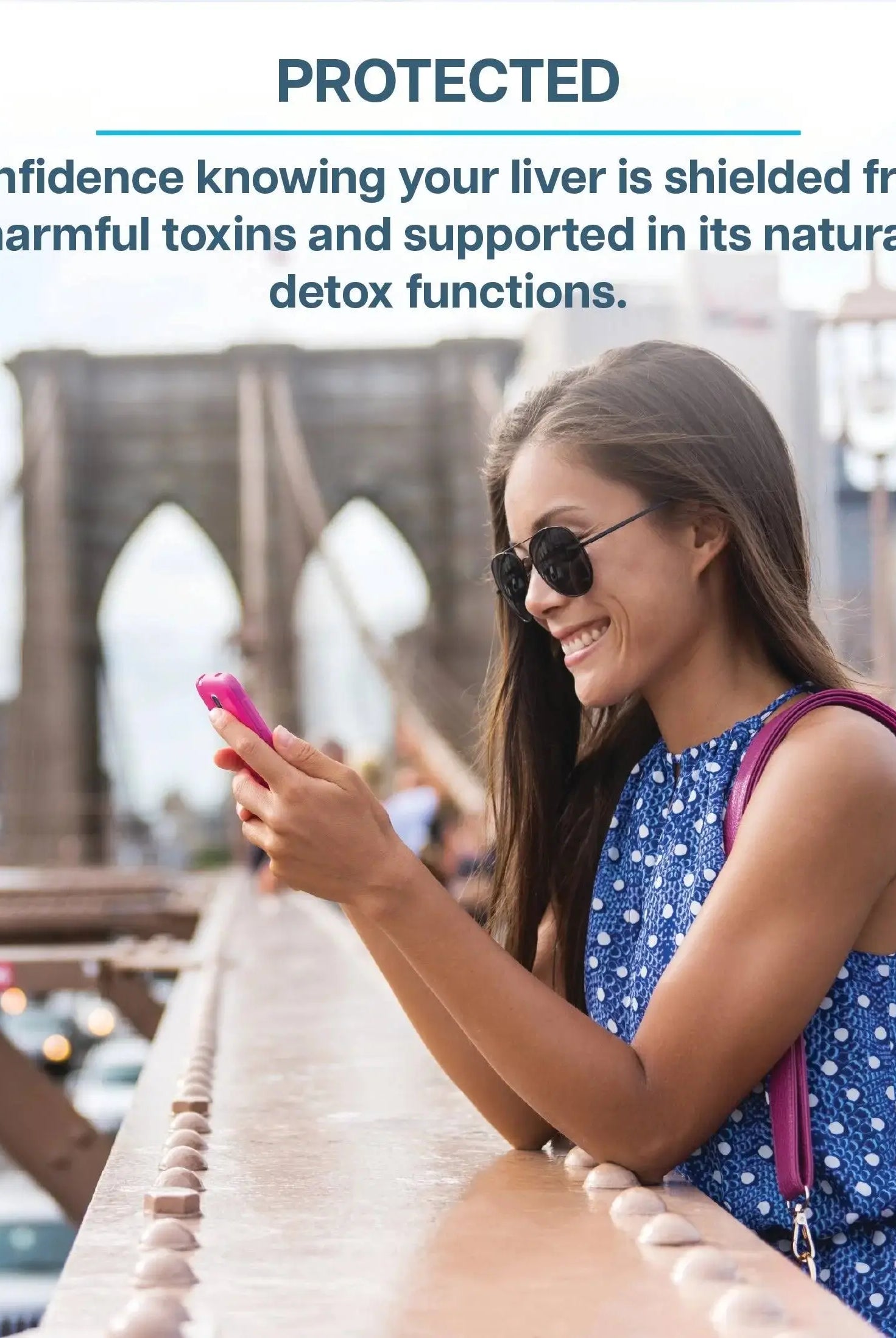 Woman smiling on a bridge with text promoting Revive Liver 30 Servings as liver protection from toxins and support for natural detox.