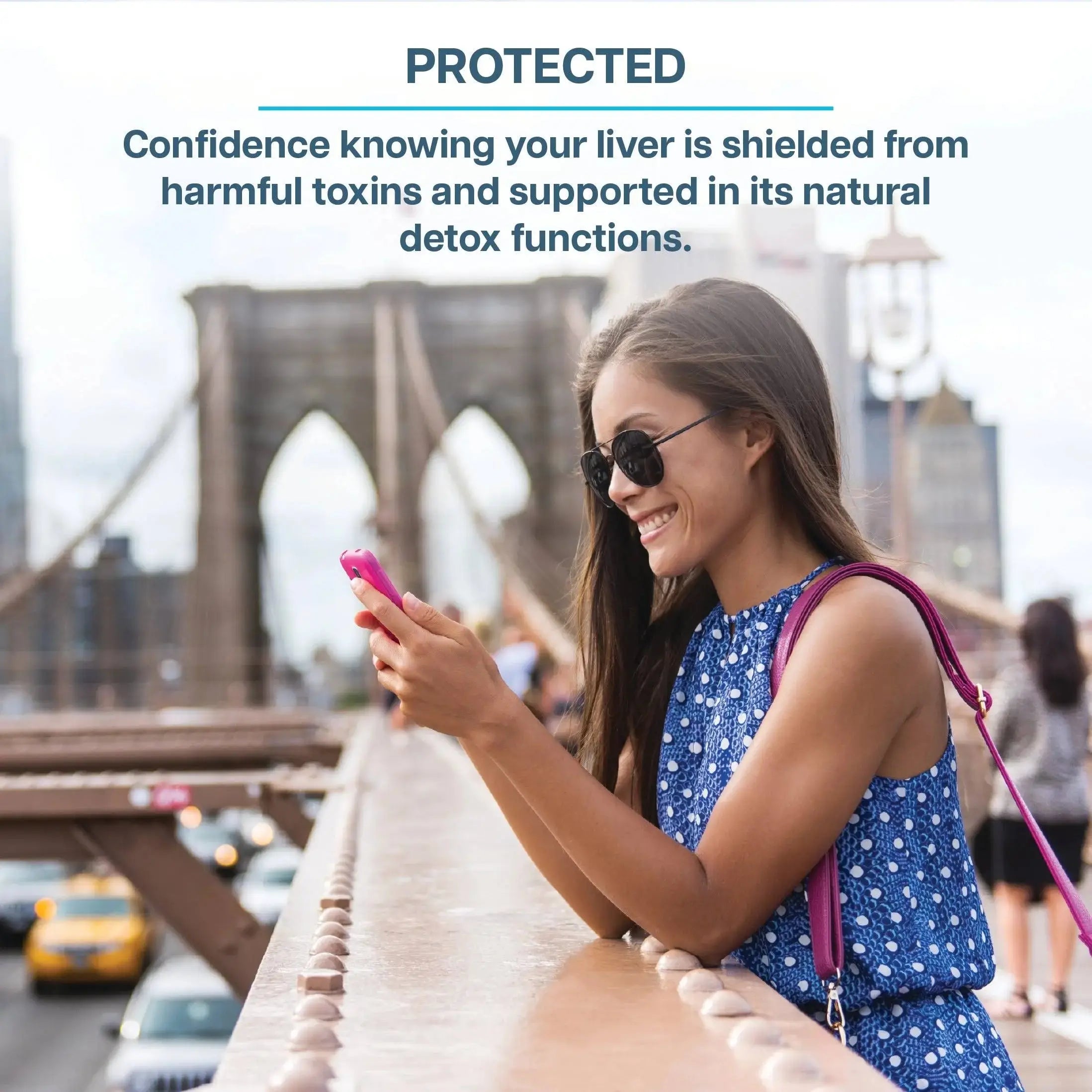 Woman smiling on a bridge with text promoting Revive Liver 30 Servings as liver protection from toxins and support for natural detox.
