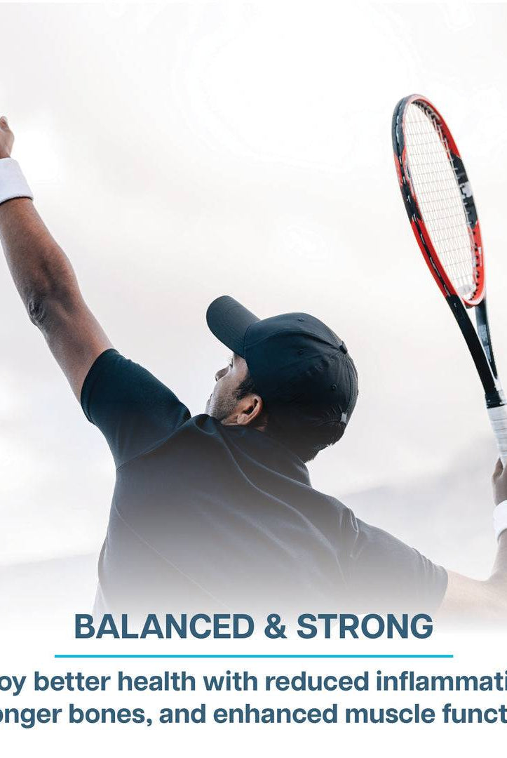Man playing tennis with text highlighting Revive Vitamin Pack’s support for inflammation reduction, bone strength, and muscle function.