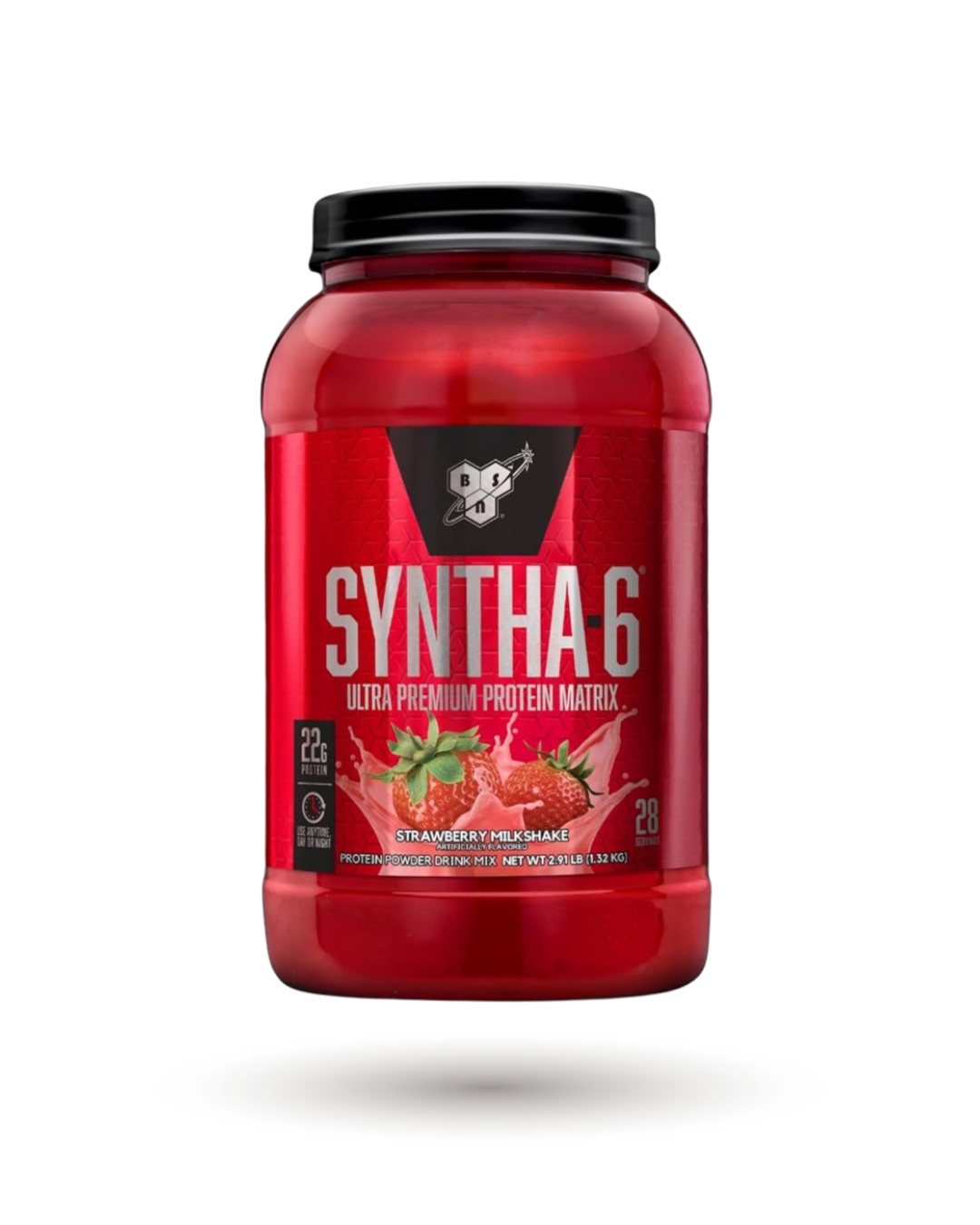 BSN SYNTHA-6 Premium Protein in Strawberry Milkshake flavor, 28 servings whey protein blend with 22g protein per scoop for muscle recovery.