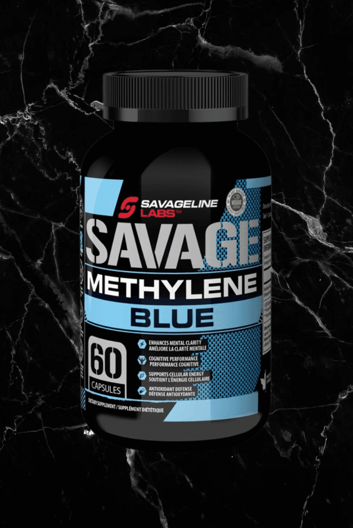 Savageline Labs Methylene Blue Capsules bottle with 60-count label, a 10mg nootropic supplement for cognitive support and mental clarity.