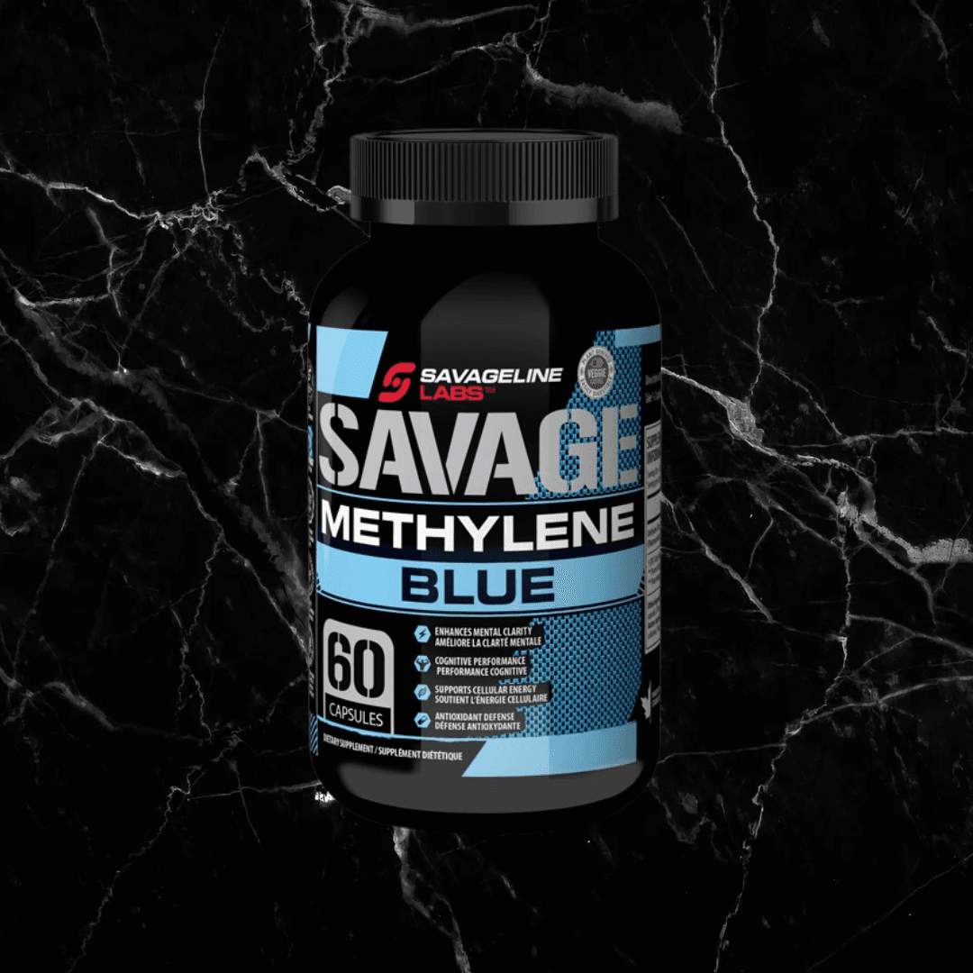 Savageline Labs Methylene Blue Capsules bottle with 60-count label, a 10mg nootropic supplement for cognitive support and mental clarity.
