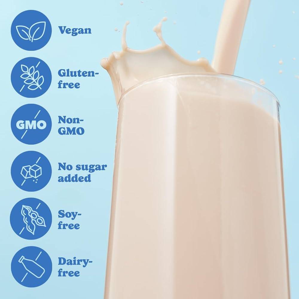 goodprotein shake benefits including vegan, gluten-free, non-GMO, no sugar added, soy-free, and dairy-free, shown with a creamy vanilla shake.