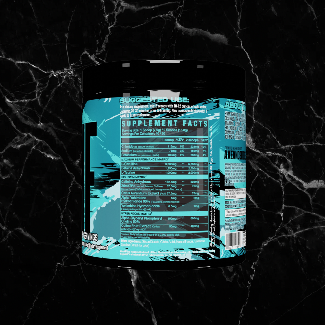 Supplement facts label of Axe & Sledge HWMF Blue Colada Pre Workout showing 400mg caffeine, 6g L-Citrulline, and 2.5g Betaine for workout enhancement.