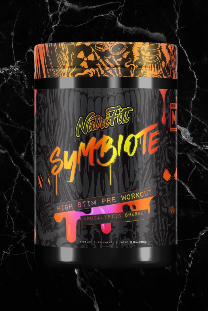 Nutrifitt Symbiote Extreme Pre-Workout in Apocalyptic Sherbet flavor, with vibrant orange and black packaging for high-stimulation fitness support.