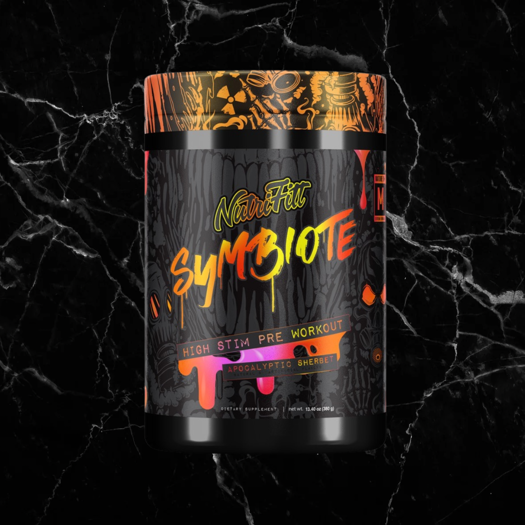 Nutrifitt Symbiote Extreme Pre-Workout in Apocalyptic Sherbet flavor, with vibrant orange and black packaging for high-stimulation fitness support.