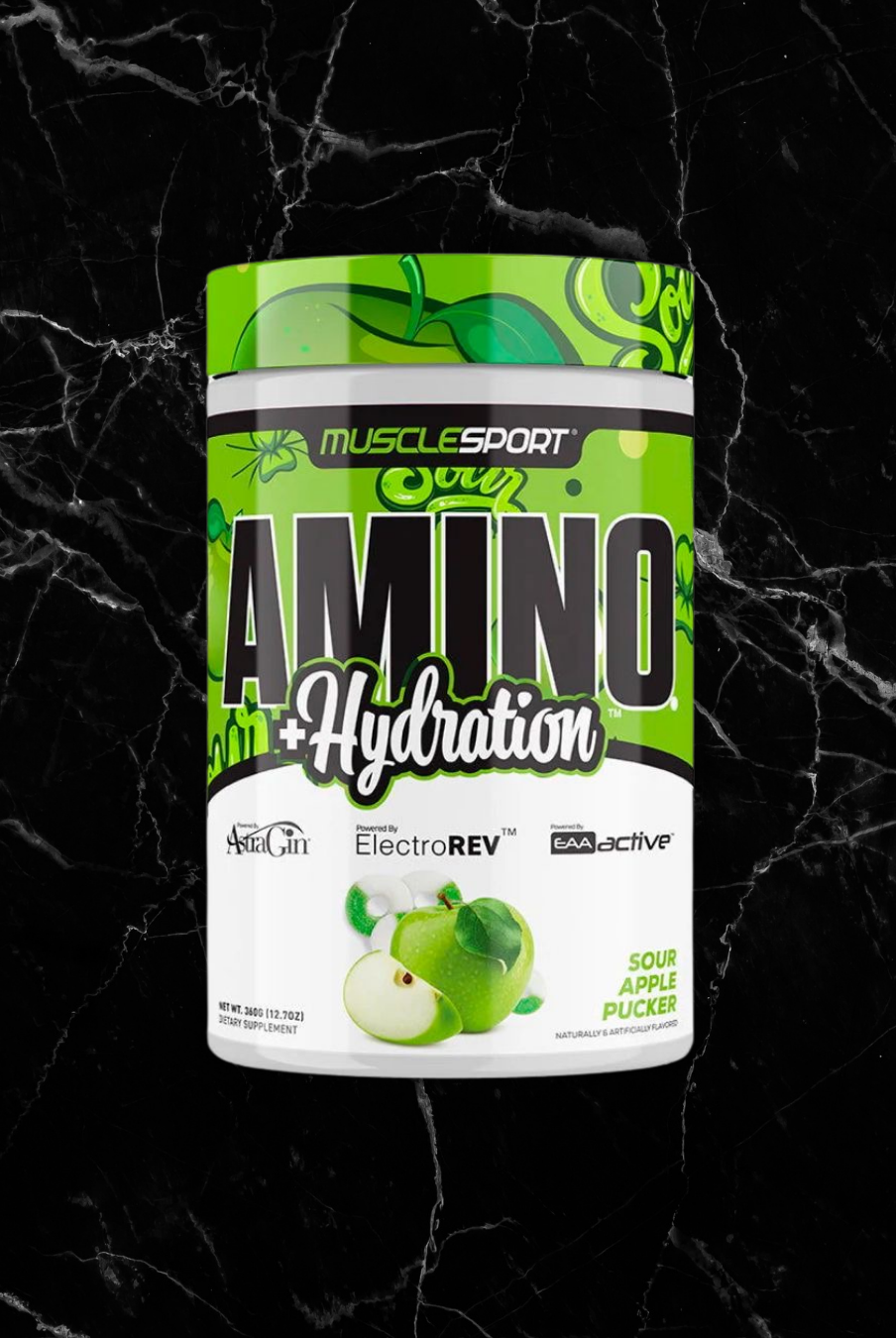 MuscleSport Amino + Hydration Sour Apple Pucker 360g supplement jar on black marble background. Boosts muscle recovery and hydration support.