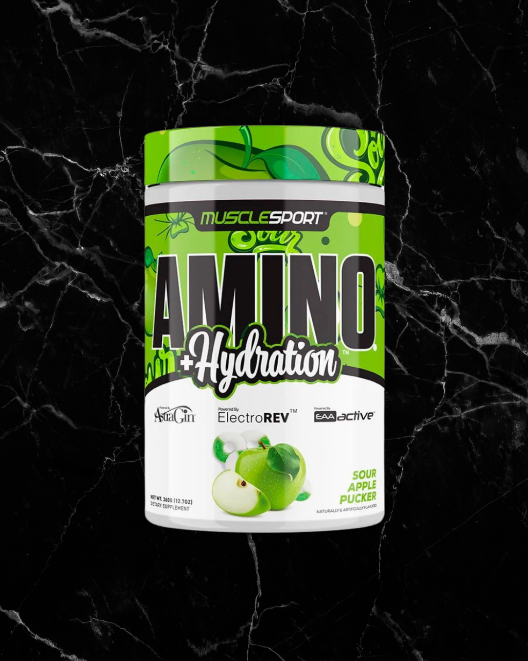 MuscleSport Amino + Hydration Sour Apple Pucker 360g supplement jar on black marble background. Boosts muscle recovery and hydration support.