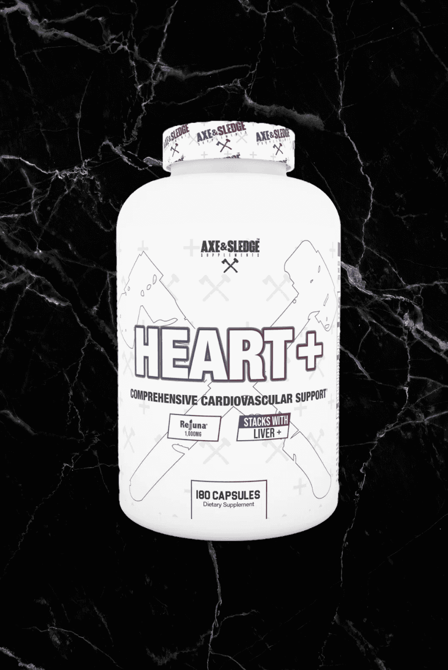 Axe & Sledge Heart+ heart health supplement bottle with bold label design on black marble background. Supports cardiovascular function and cholesterol levels.