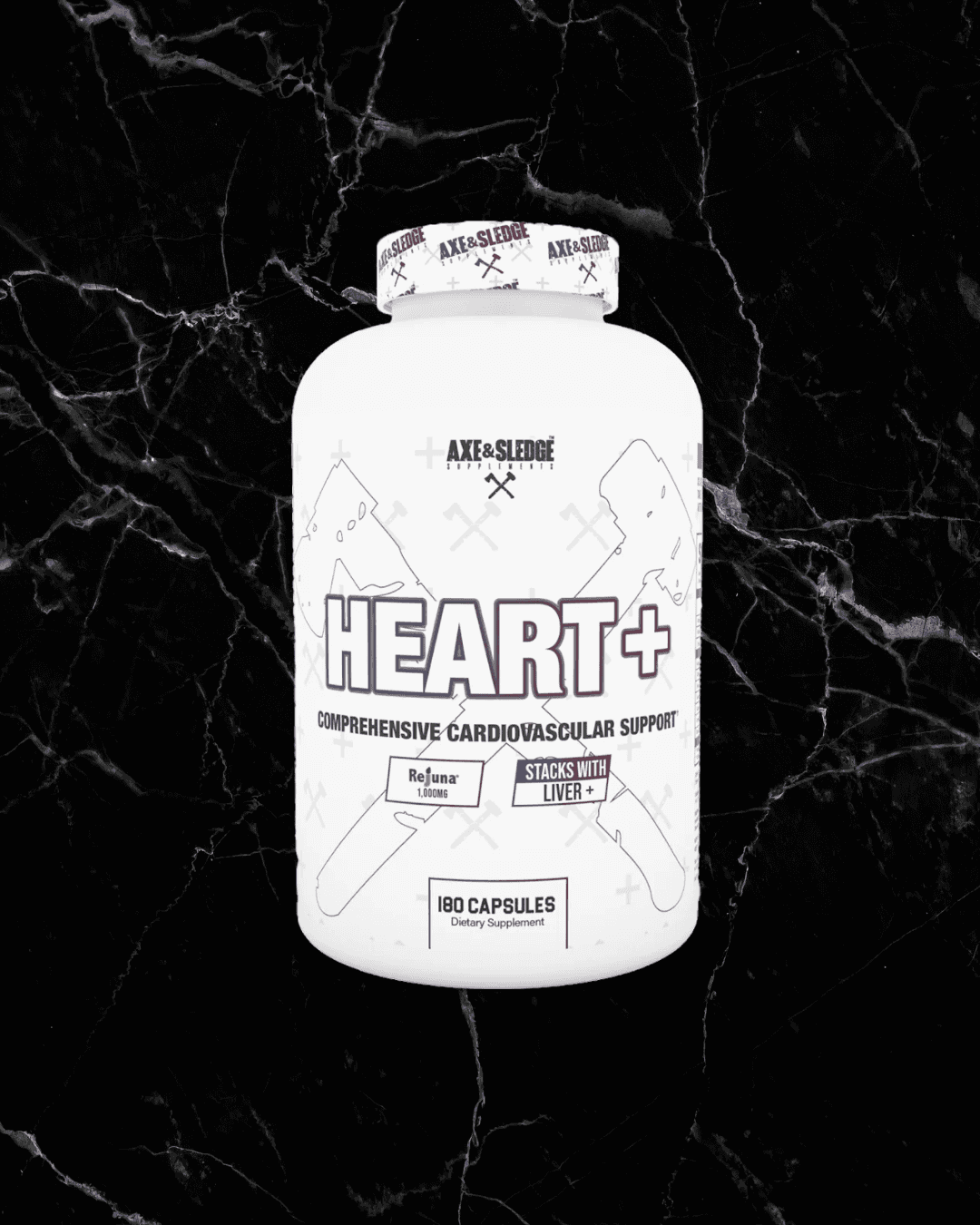 Axe & Sledge Heart+ heart health supplement bottle with bold label design on black marble background. Supports cardiovascular function and cholesterol levels.