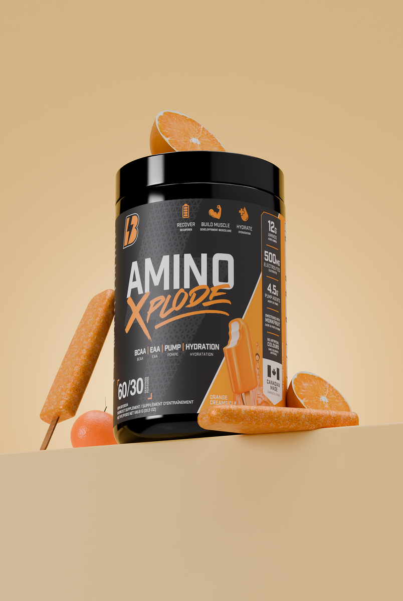 Orange Creamsicle Amino Xplode supplement with oranges and popsicles, combining flavor with EAA/BCAA and hydration support.