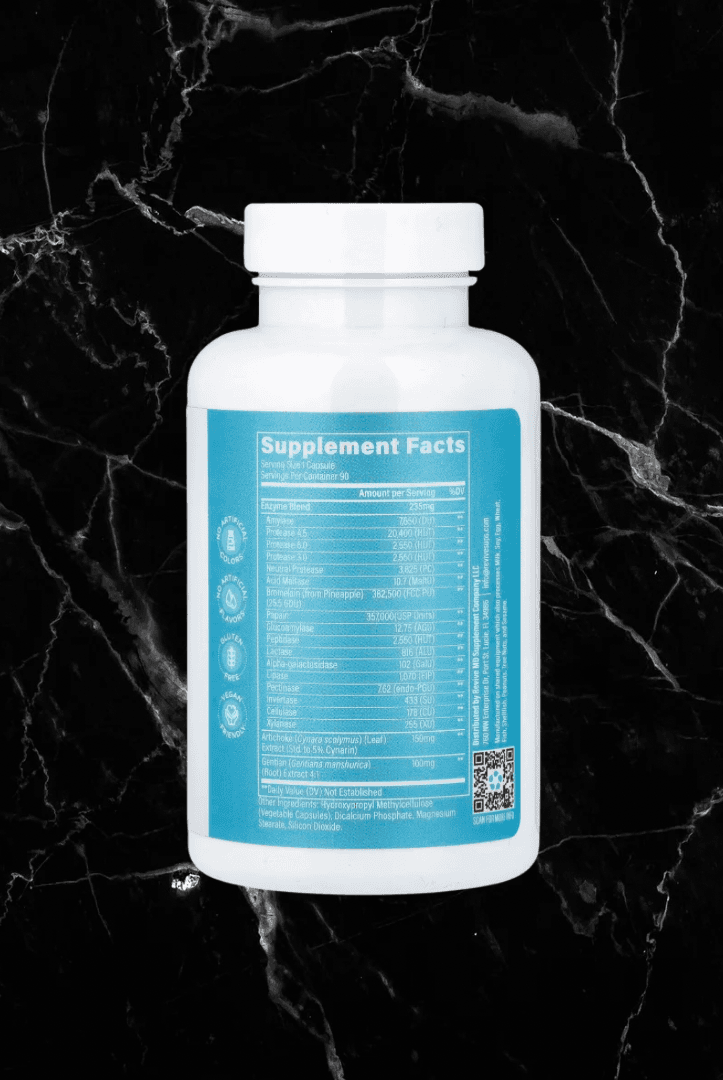 Back label of Revive Digest Aid showing supplement facts and ingredients. Digestive support formula for improved nutrient absorption.