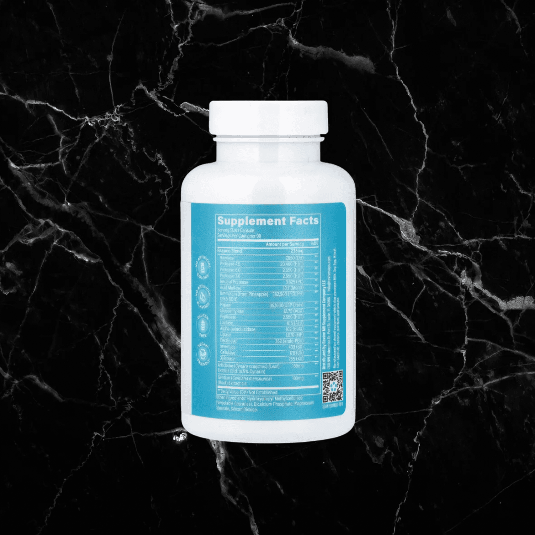 Back label of Revive Digest Aid showing supplement facts and ingredients. Digestive support formula for improved nutrient absorption.