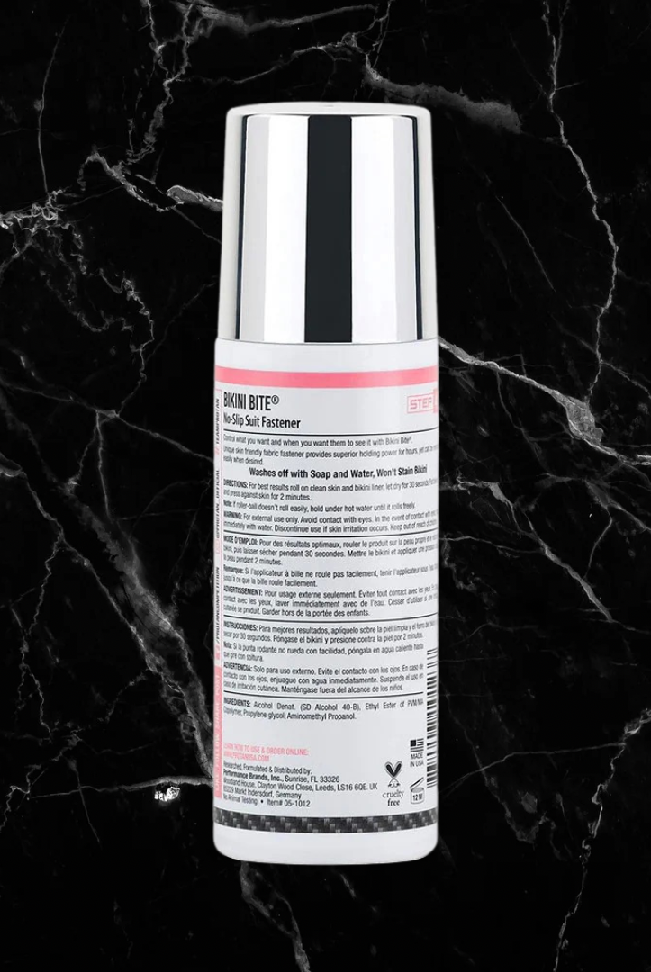 Back view of Pro Tan Bikini Bite showing product instructions and ingredients, ideal for keeping bikini tops in place with a gentle, non-slip formula.