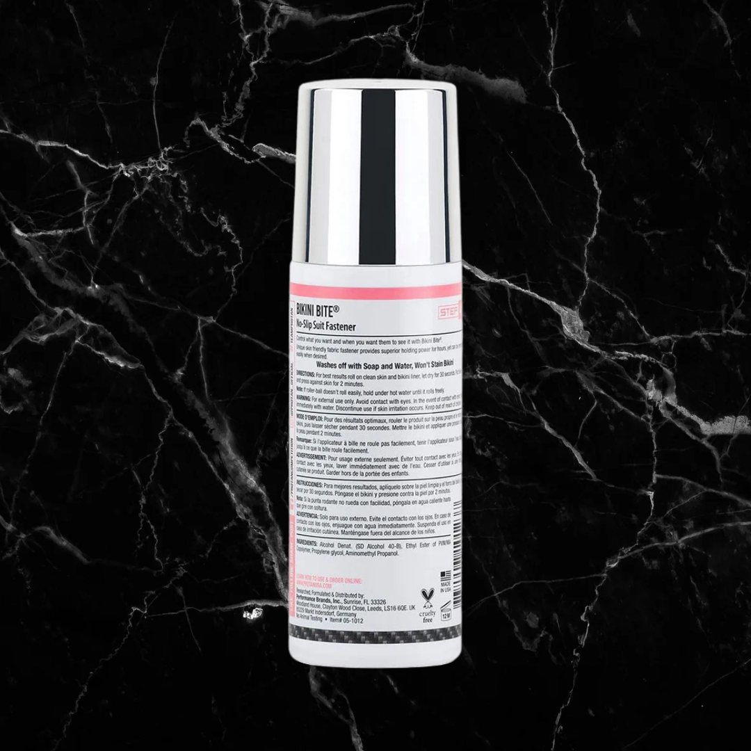 Back view of Pro Tan Bikini Bite showing product instructions and ingredients, ideal for keeping bikini tops in place with a gentle, non-slip formula.