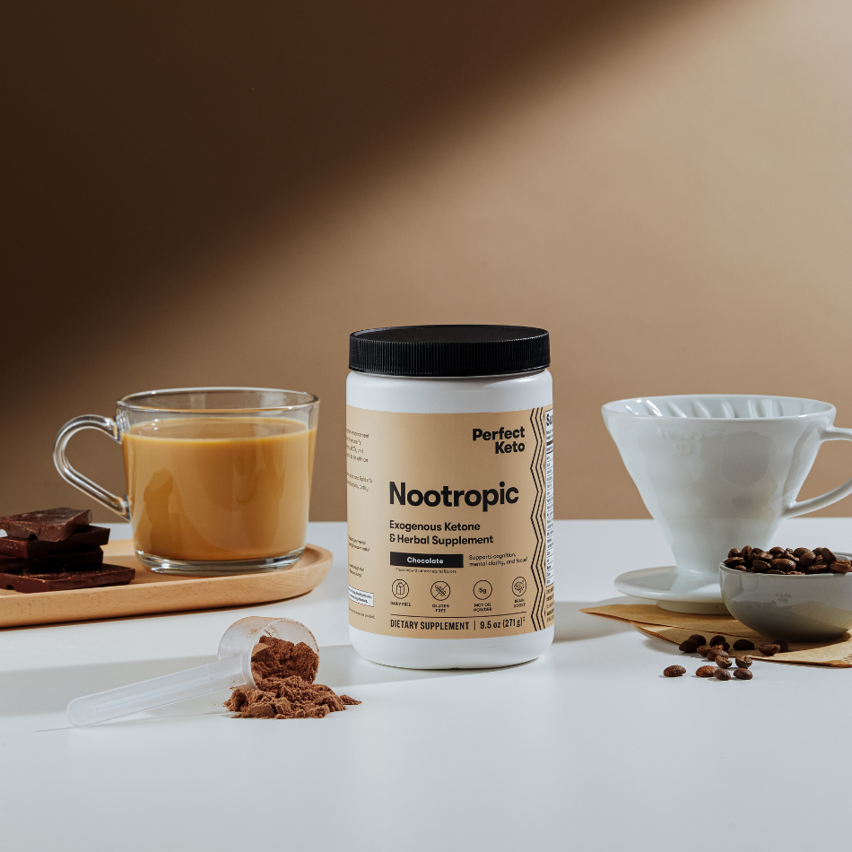 Perfect Keto Nootropic Chocolate supplement placed with coffee, chocolate, and a scoop of powder, promoting brain boost and mental clarity.