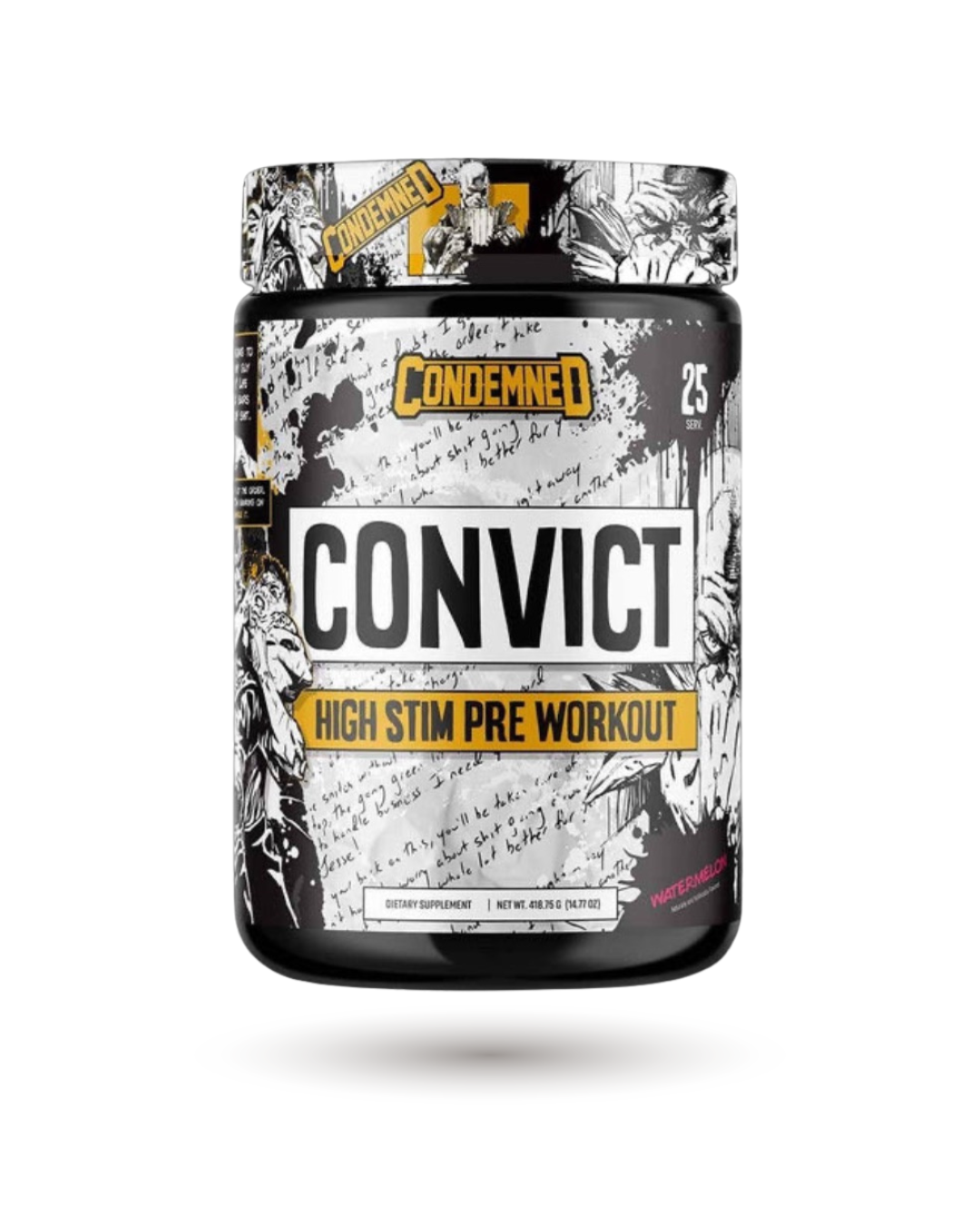 Watermelon flavor Condemned Convict High Stim Pre-Workout, designed for athletes seeking explosive energy, focus, and muscle pumps.