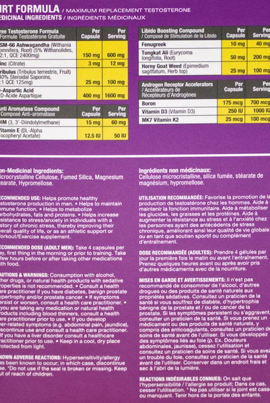 Detailed supplement facts and ingredient list for Athletic Alliance MRT testosterone catalyst with dosage per serving and daily values.