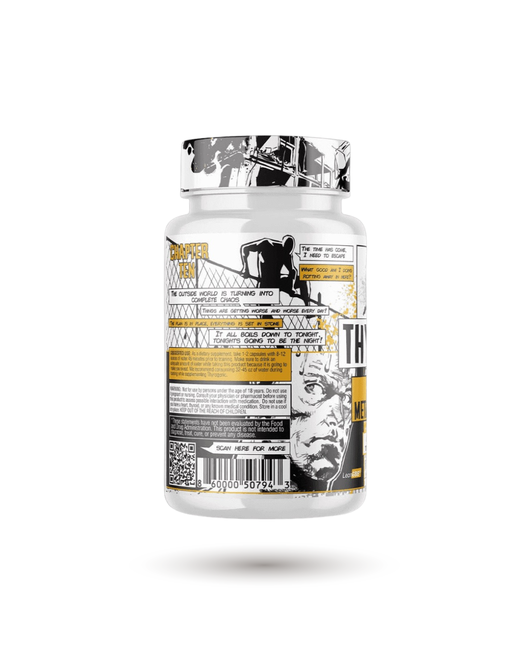 Side label of Thyrogenic thyroid support supplement featuring product branding, usage instructions, and motivational design elements.