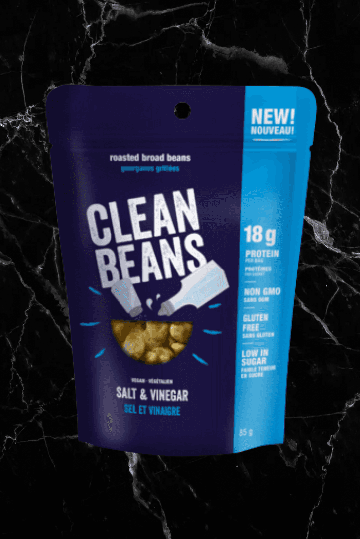Clean Beans Salt & Vinegar roasted broad beans with 18g protein. High protein vegan snack for fitness and nutrition enthusiasts.