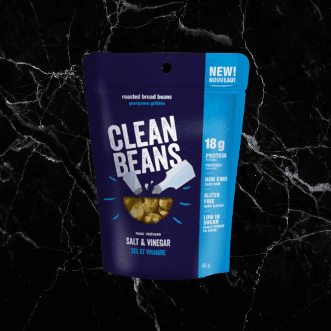 Clean Beans Salt & Vinegar roasted broad beans with 18g protein. High protein vegan snack for fitness and nutrition enthusiasts.