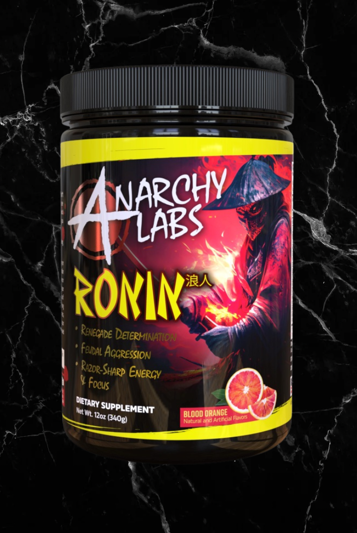 Anarchy Labs RONIN - Blood Orange pre-workout supplement with bold label design featuring a ronin warrior and citrus imagery, ideal for energy and focus.