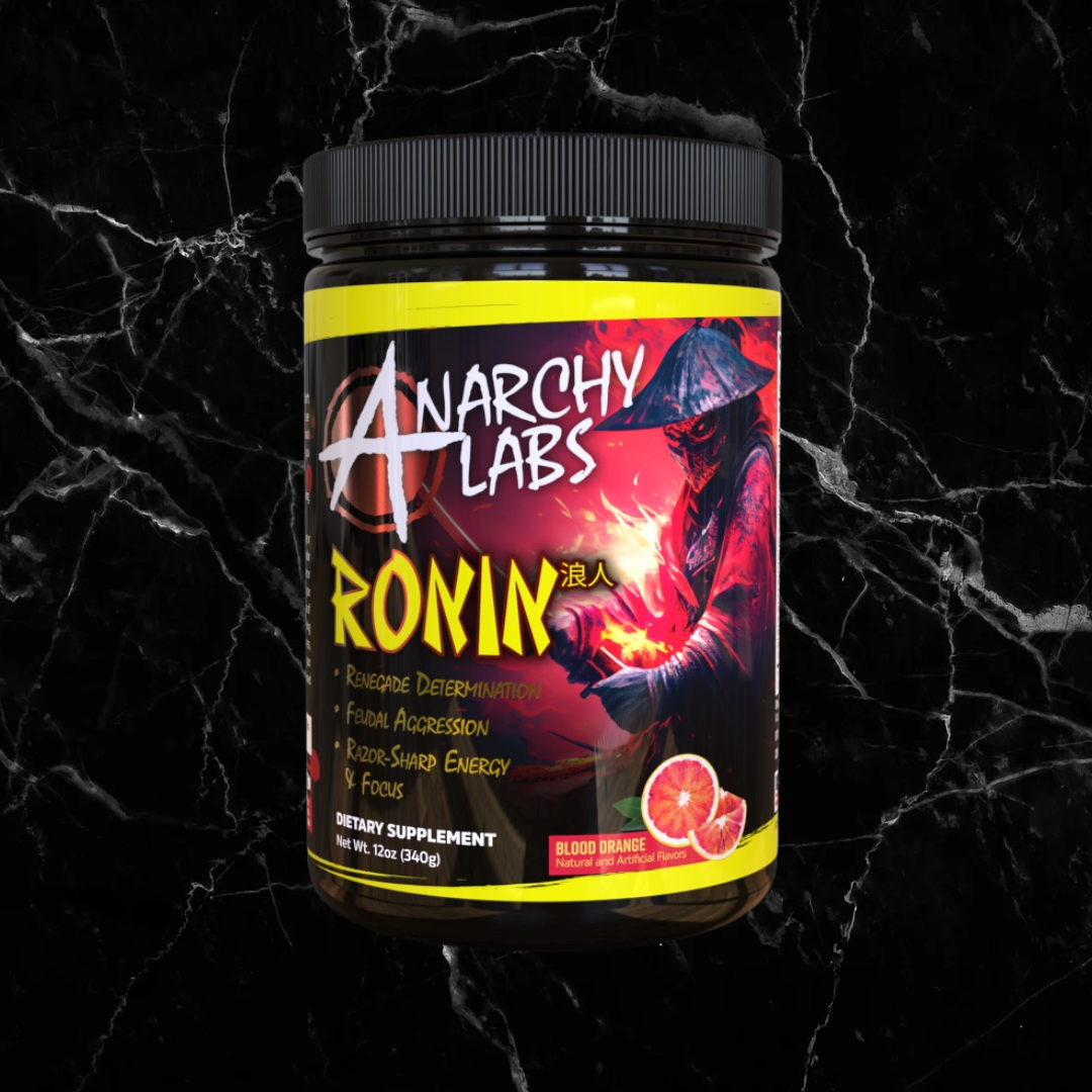 Anarchy Labs RONIN - Blood Orange pre-workout supplement with bold label design featuring a ronin warrior and citrus imagery, ideal for energy and focus.