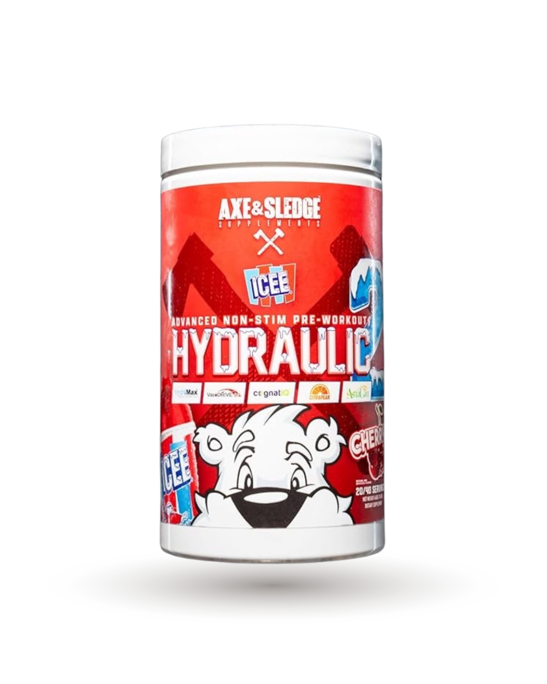 Axe Sledge Hydraulic V2 Cherry ICEE flavor non-stim pre-workout with Hydroprime and Astragin for enhanced blood flow and focus.