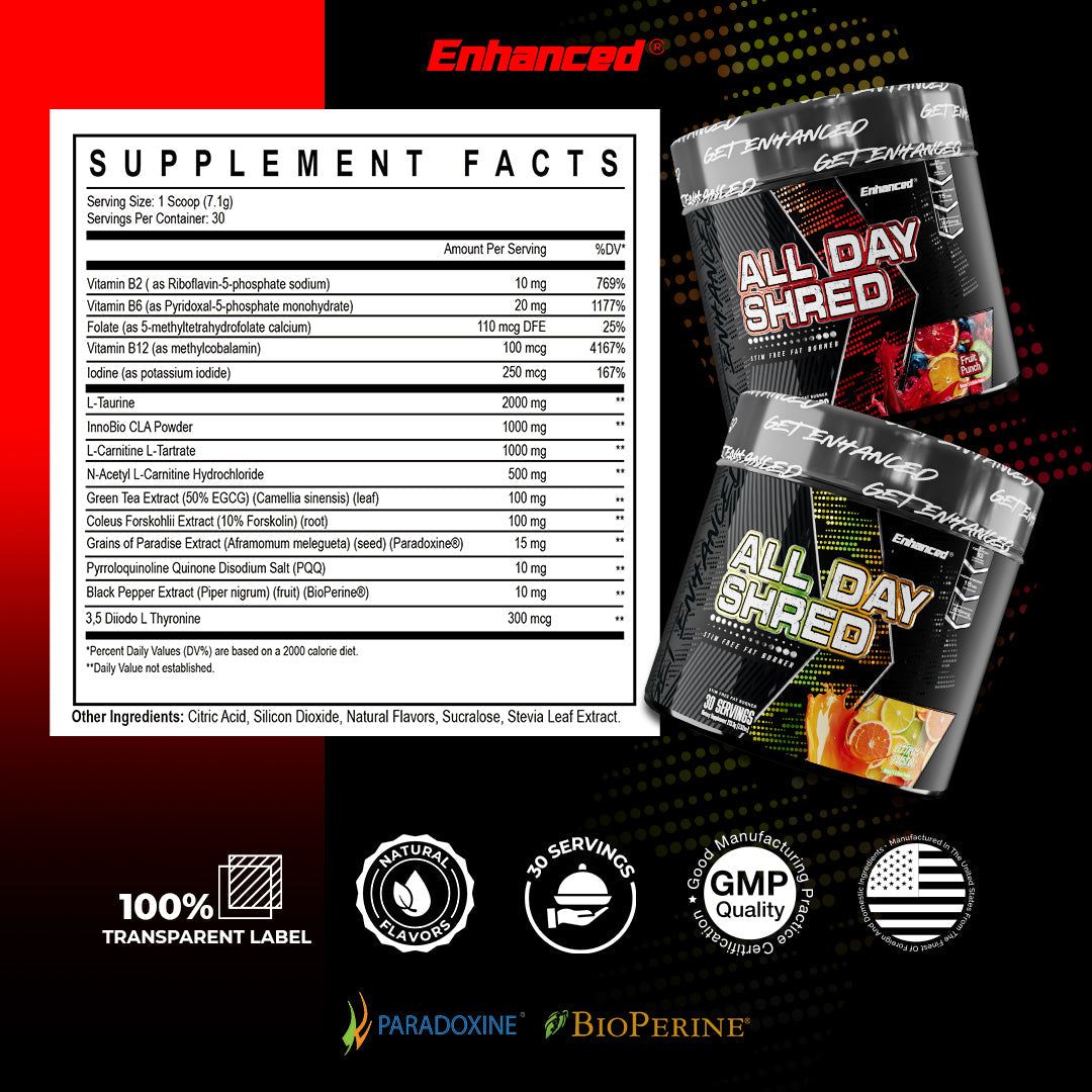 Supplement facts and ingredients of Enhanced All Day Shred Essentials with citrus and fruit punch flavors, highlighting transparency and quality.