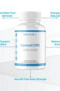 AdrenalCORE supplement bottle with labeled benefits including adrenal support, energy, stress balance, and vitality enhancement.
