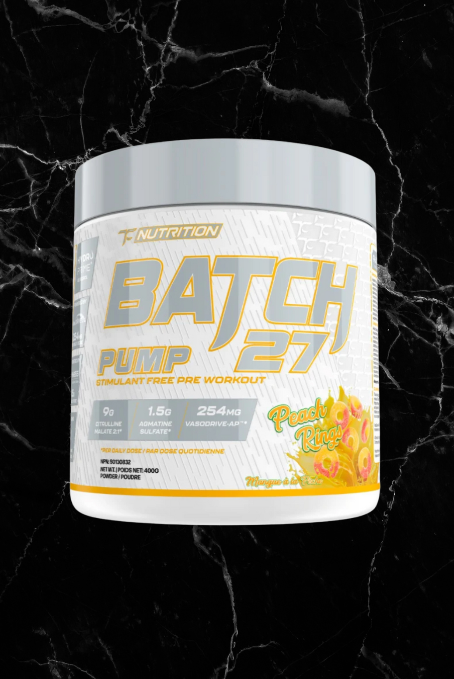 TC Nutrition Pump - Non Stim Peach Rings flavor pre-workout for muscle pumps and strength. Stimulant-free formula supports hydration and endurance.