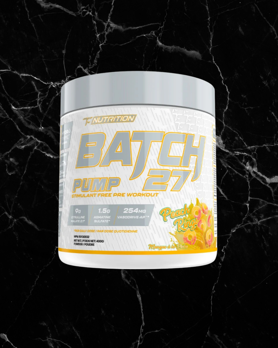 TC Nutrition Pump - Non Stim Peach Rings flavor pre-workout for muscle pumps and strength. Stimulant-free formula supports hydration and endurance.