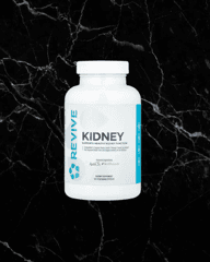 Revive Kidney Health Supplement bottle on black marble background. Vegan-friendly kidney support with AstraGin® and Bioperine® for optimal function.