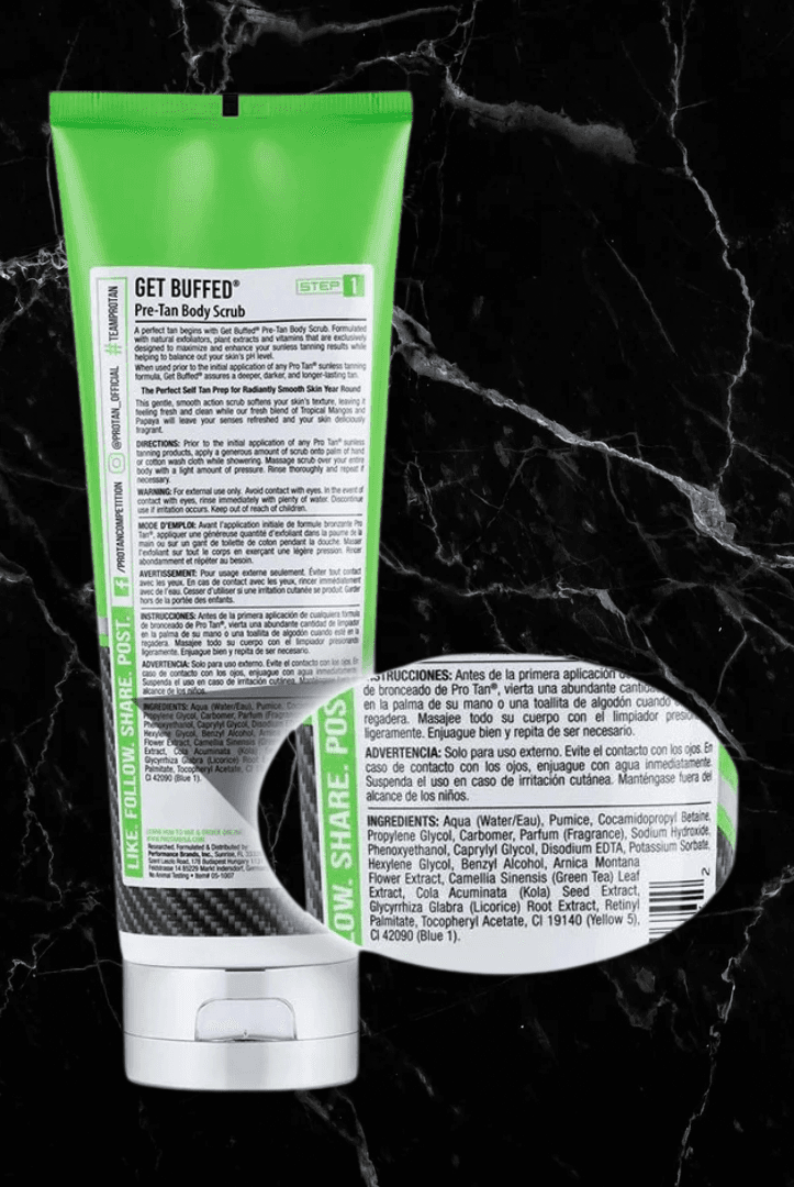 Back label of Pro Tan Get Buffed Pre-Tan Scrub showing ingredients and directions. Ideal for prepping skin before tanning.