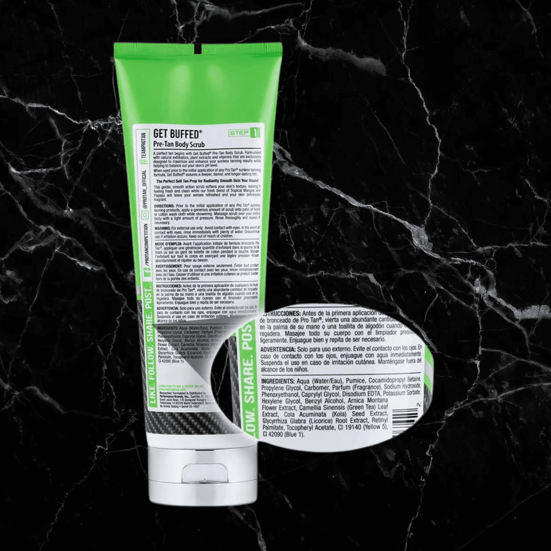 Back label of Pro Tan Get Buffed Pre-Tan Scrub showing ingredients and directions. Ideal for prepping skin before tanning.