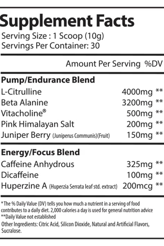 Supplement facts label for Alpha Supps Pre-Workout showing ingredients like L-Citrulline, Beta Alanine, and caffeine blend.