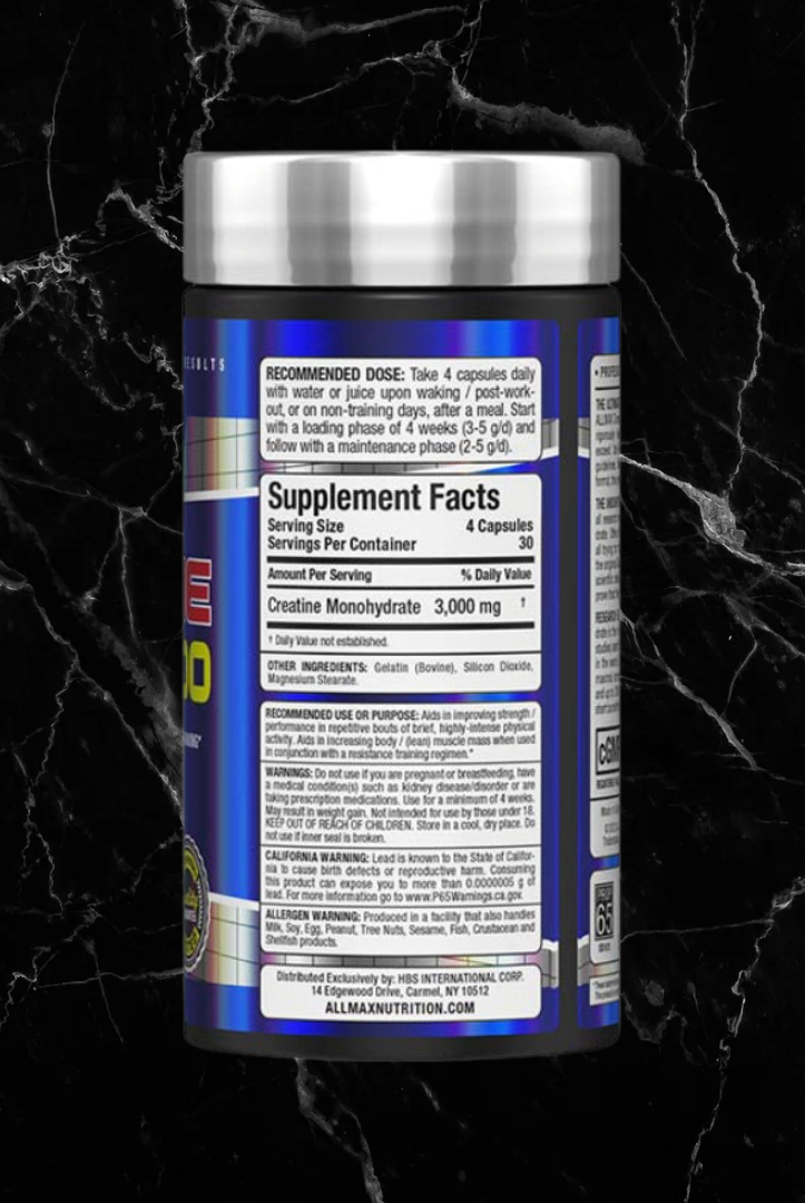 Back label of ALLMAX Creatine 3000 showing supplement facts with 3000 mg creatine monohydrate per serving. Ideal for fitness and strength training.
