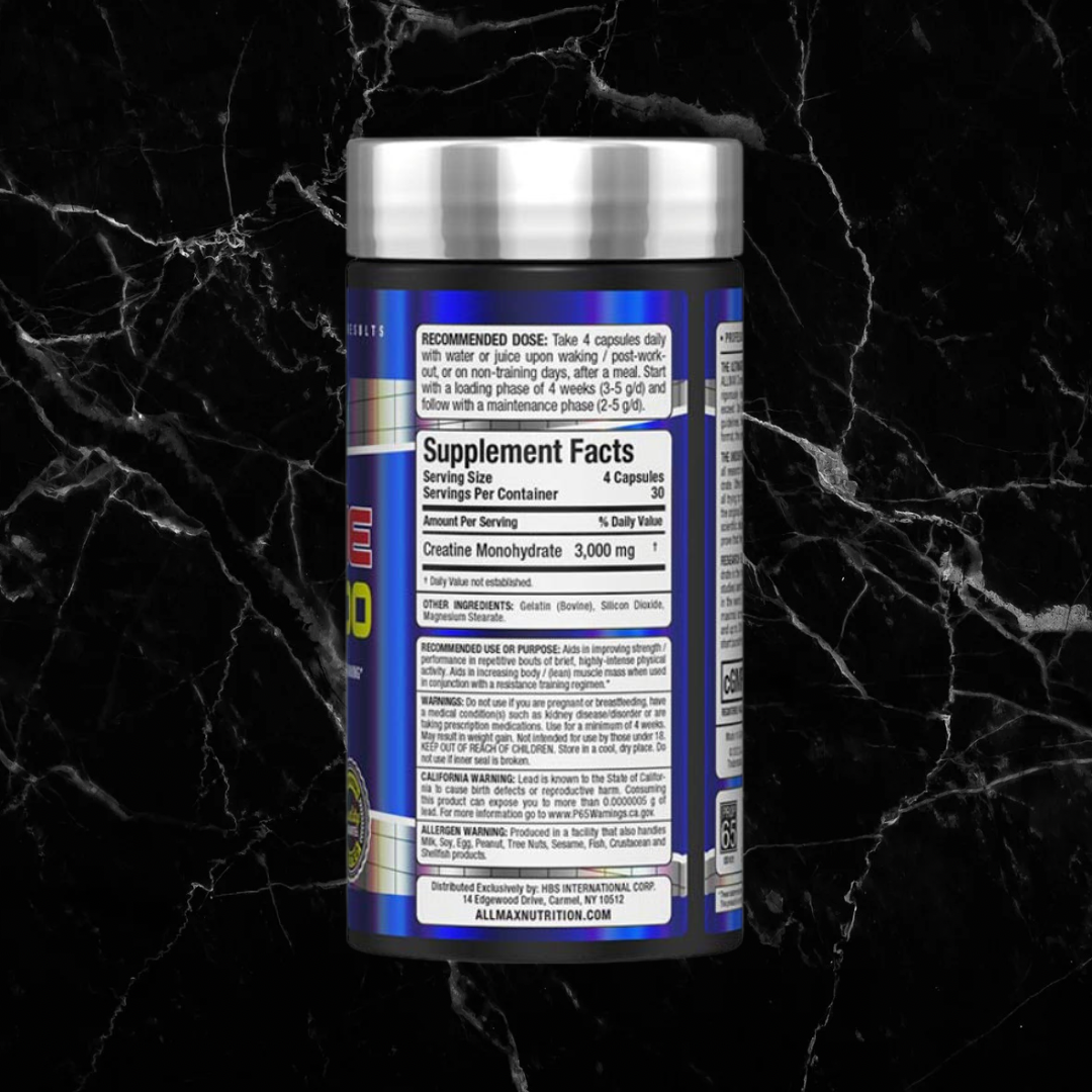 Back label of ALLMAX Creatine 3000 showing supplement facts with 3000 mg creatine monohydrate per serving. Ideal for fitness and strength training.